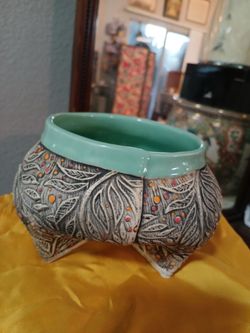 Art pottery Kristy Lombardi fancy pants footed bowl or vase