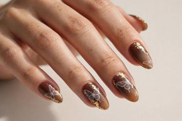 Brand New Brown Ombre Press-On Nails - Butterfly & Gold Foil, Size S