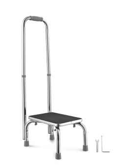 Medical Single Step Stool Footstool Chrome Steel w/ Handrail - Health Essentials