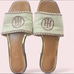 Tommy Hilfiger Womens Raffia Logo Slide Sandals Tan Brown Gold Trim Size 9