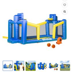 Inflable Cancha de Baloncesto Inflable de Aire Constante Shaq de 14' con Aspersor y Bomba para Edades de 3 a 8 Años