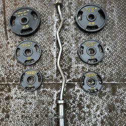 Curl bar and gold gyms Olympic size weight pates