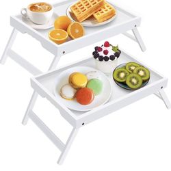 Artmeer Bed Tray Table with Folding Legs,Bamboo Breakfast in Bed 2 pack white