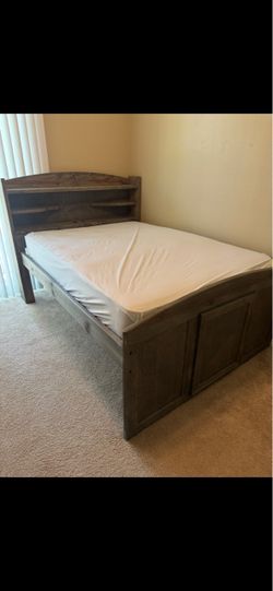 Rustic Wood Bed Frame with Bookcase Headboard