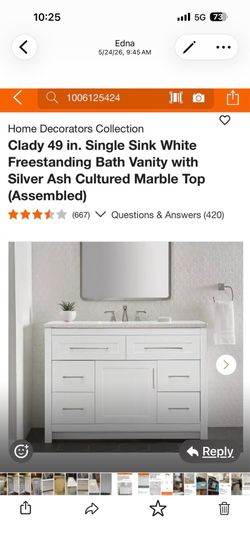 Clady 49 in. Single Sink White Freestanding Bath Vanity with Silver Ash Cultured Marble Top