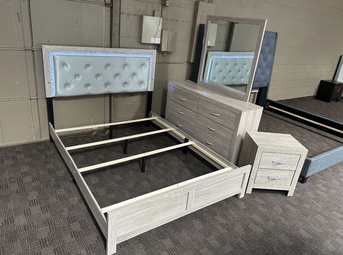 Grey Queen LED Light Bed Set With Dresser