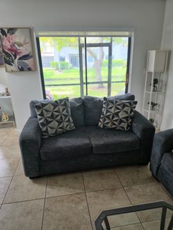 Dark Gray Fabric Loveseat with Accent Pillows