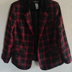 Vintage Sag Harbor Women's Red Tartan Plaid Blazer Jacket Velvet Collar Size 12