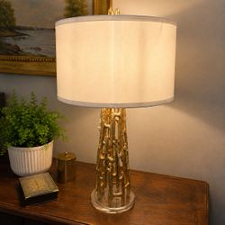 Vintage MCM Brutalist Gold Sculptural Table Lamp w/ Lucite Base & Large Drum Shade – $125 OBO