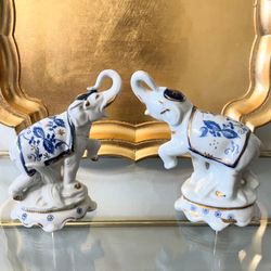 Vtg 6.5” H Blue and White Porcelain Elephant Figurines by Seymour Mann – S/2 (Made in Japan)