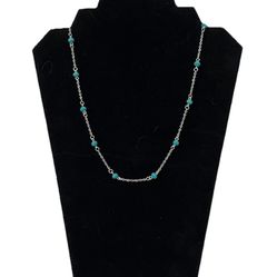 Handmade Artisan Silver Tone Dainty Teal Beaded Chain Station Necklace 19 Inch