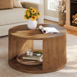 Round Coffee Table, 31.5" Center Table with Fluted Drum Base and Alcove Storage