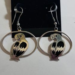 Mexico Silver Toucan Dangle Earrings 