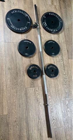 BRAND NEW 5 ft Silver Standard Bar & VINTAGE Weight Plates: 25s, 10s And 5s. (Total: 97 lbs)