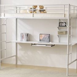 New White Metal Loft Bed Twin Size with Built in Desk Bunk Bed Style