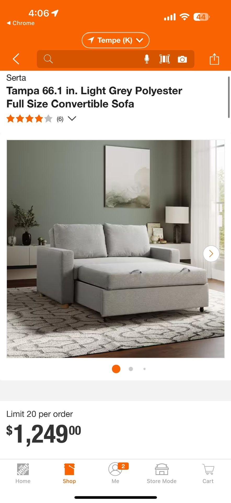 Serta Tampa 66.1 in. Light Grey Polyester Full Size Convertible Sofa New $470