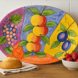 Italian 1990s Ancora Style Large Hand Painted Fruit Motif Platter, 19.5”