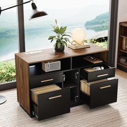 4 Drawer File Cabinet, Wood Filing Cabinet for Home Office with Lock, Power Strip, Storage Shelves, Home Office Lateral File Storage Fits Legal/Letter