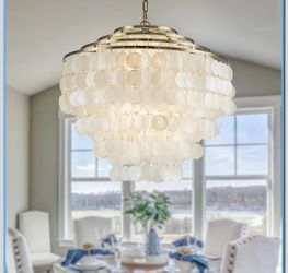 ALOADECOR W 22in 6-Light Farmhouse Coastal Capiz Seahells Chandelier 4-Tier Vintage Natural White Seashell Hanging Light in Antique Gold for Dining Ro