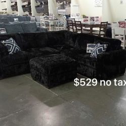 New Black 4-Pc Fur-like Jumbo Corduroy Sectional Sofa With Ottoman No Tax 