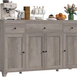 55" Large Kitchen Buffet Cabinet with Storage Drawers, Farmhouse Sideboard Buffet Table Storage Cabinet with Doors and Shelves, Wood Coffee