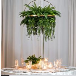 42" Long Hanging Faux Fern Greenery Chandelier with 24" Gold Hoop Ring – Lush Ceiling Decor