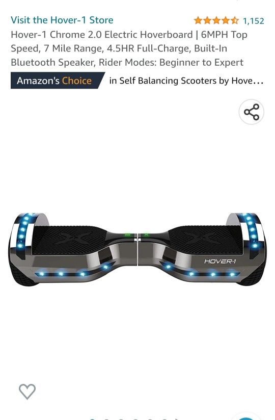 Hover-1 Chrome 2.0 Electric Hoverboard | 6MPH Top Speed, 7 Mile Range, 4.5HR Full-Charge, Built-In Bluetooth Speaker, Rider Modes: Beginner to Expert