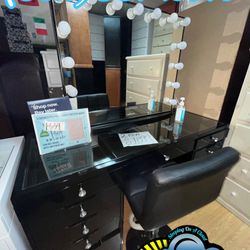 Black Vanity Desk Diamond Knobs Dresser Chest Mirror New 