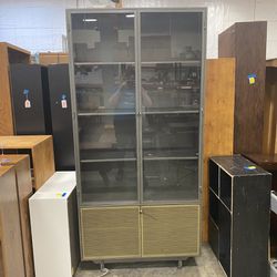 HENDRICK Industrial Metal Mesh Large Rolling Glass Door Cabinet