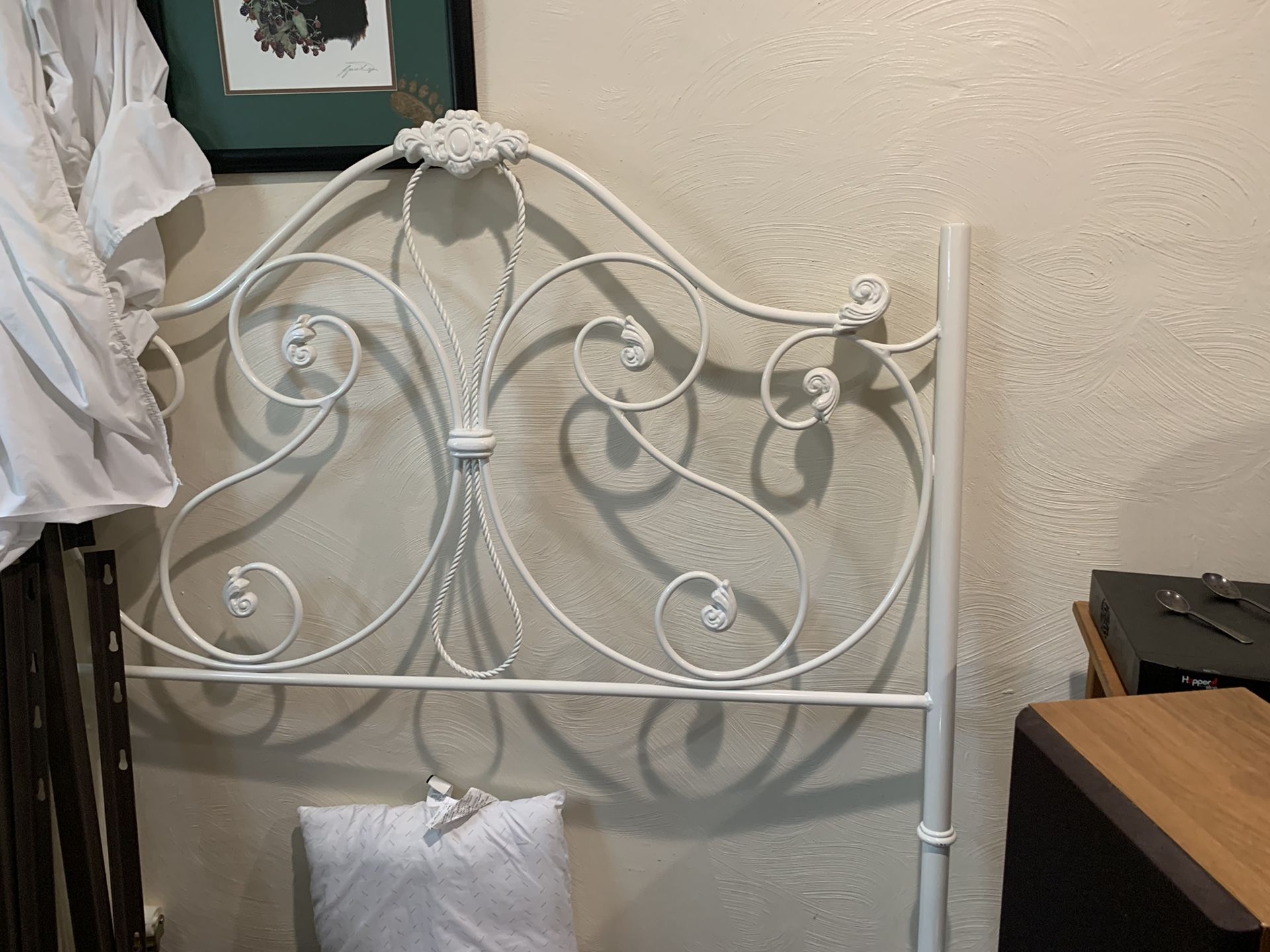 Full mattress, box spring and white metal frame