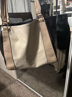 Marcy Paris Black & Taupe Large Shoulder Tote Purse – Gold Hardware