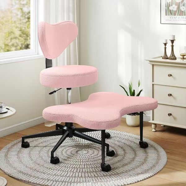 Upholstered Office Chair Ergonomic Cross-Legged Desk Chair with Height Adjustable Wheels Meditation Chair in Pink $70