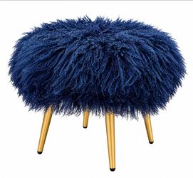 Navy Blue Faux Fur Ottoman Stool with Gold Legs