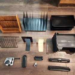 14 pcs office organization supply - 11 metal, 1 wood, 2 plastic, file sorters, desk organization etc 