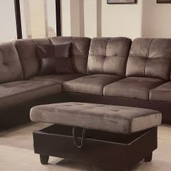 Grey Microfiber Sectional Couch And Ottoman