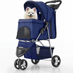 3 Wheels Pet Stroller, Foldable Dog Cat Cage Jogger Stroller with Weather Cover for All-Season, Storage Basket and Cup Holder, Breathable and Visible 