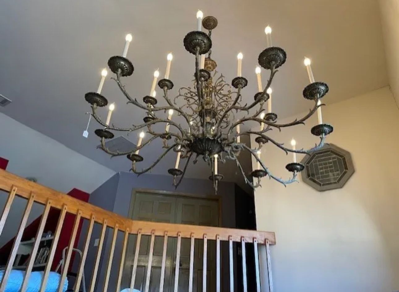 Huge Vintage All Brass, 12 Arms Canopy Chandelier 24 lights 19th Century Spain