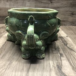 Vintage Elephant Planter Bowl Trunk Up Green Majolica Pottery