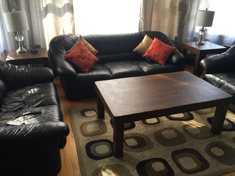 Hand crafted, hand scraped solid oak coffee table + side tables ( custom stain colors available)