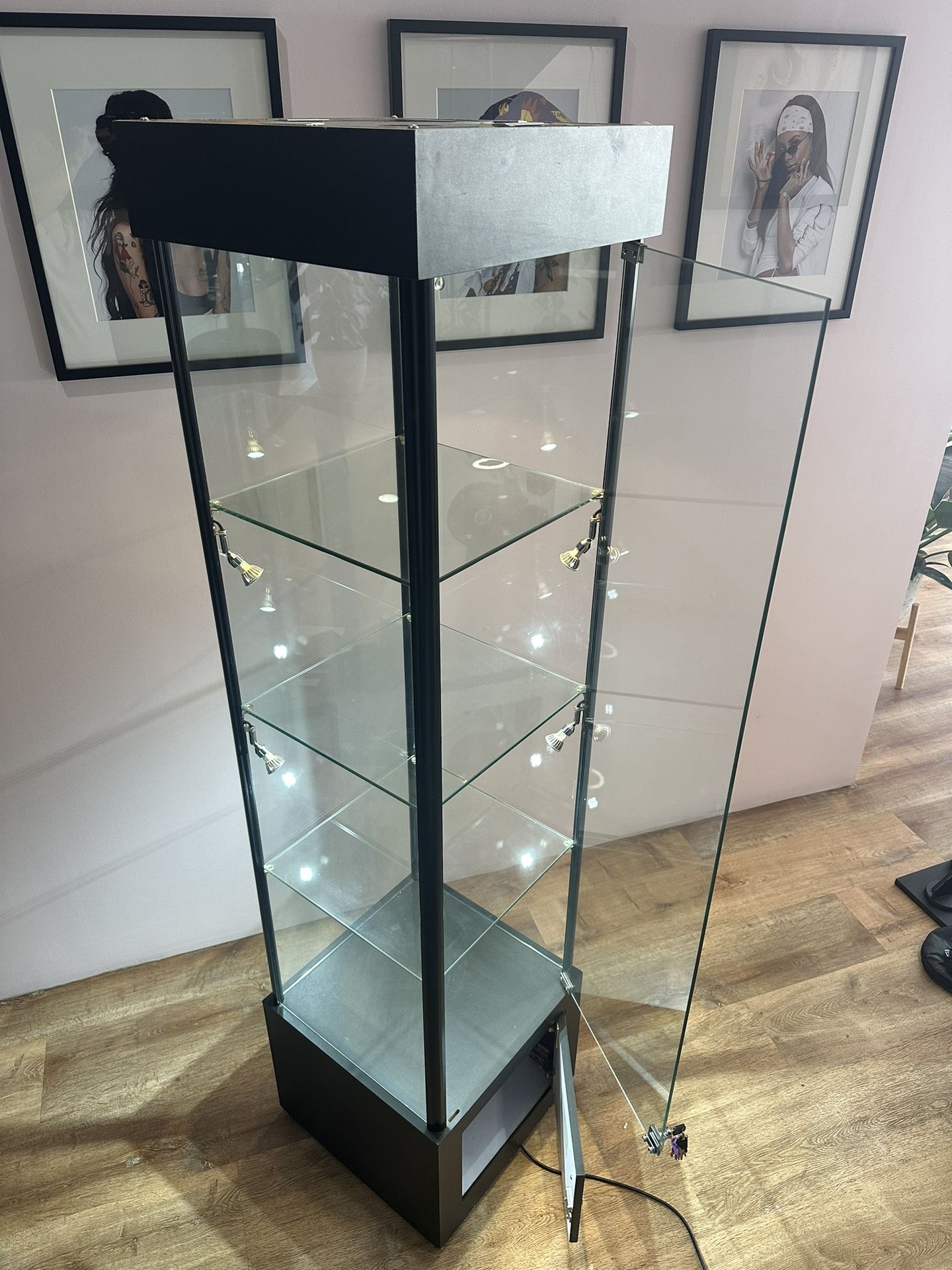 Tall display case with halogen lights