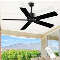 Ceiling Fan with Remote, 52-Inch outdoor/Indoor Black Fan with 6 Speeds Quiet Reversible DC Motor, Modern Ceiling Fans No Light 5 Blades for patios be