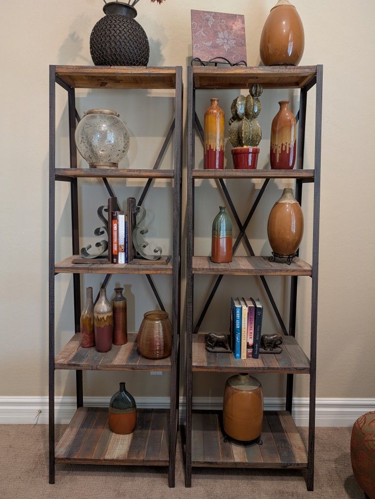 Set of 2 Bookshelf Bookshelves Book Cases Accent Curio Display Shelves Storage Metal/Wood
