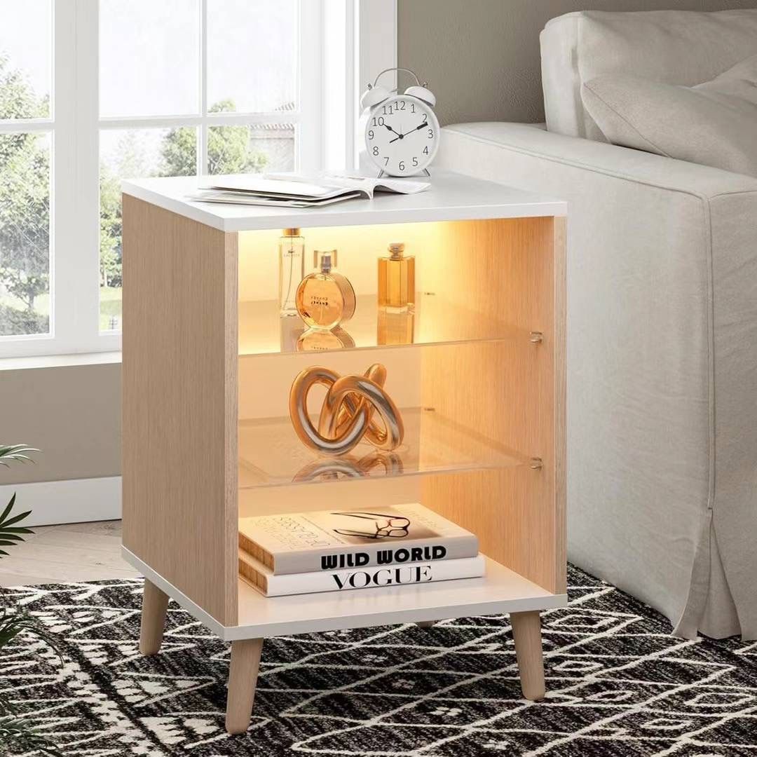 End Table LED Small Side Table with 2 Glass Shelves LED Farmhouse Bedside Table with Storage for Living Room, Bedroom and Home Office,White & Wood