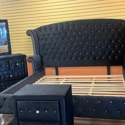 KING BLACK VELVET SECTIONAL SOFA SET 4PCS 