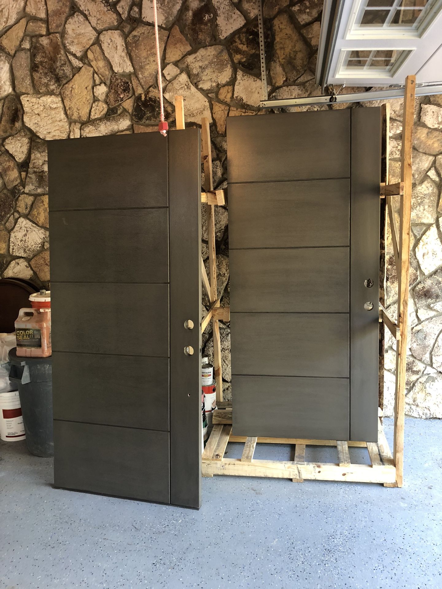 Home Depot Exterior Fiberglass Wood Regency Modern Horizontal V Groove Right Hand Swing Entry Front Door Ash Smoke Grey 79” X 35 3/4”