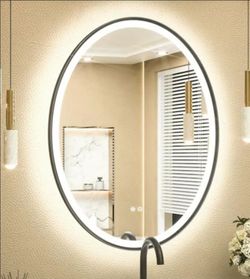 Keonjinn 24 in. W x 32 in. H Oval Framed Bathroom Mirrors Wall Mount LED Bathroom Vanity Mirror in Black