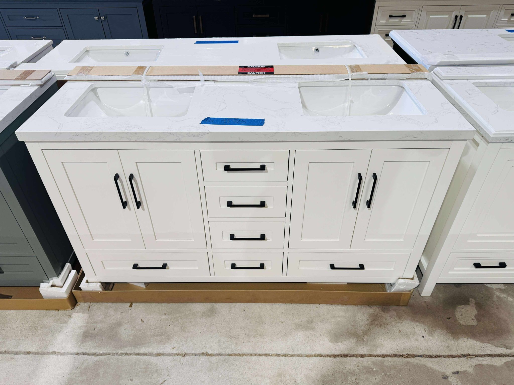 “60” Double Sink Bathroom Vanity in White Color with Black Handles and Vanity Top in White $915