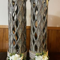 Tall Ceramic Pillar Candle Holders Set Of  2  
