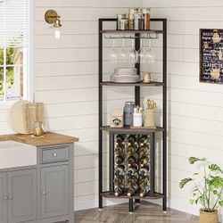 4-Tier Corner W-ine Rack with Glass Holder & Storaye Shelves