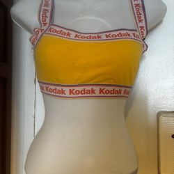 Kodak Yellow & White Sports Bra Tank half blouse halter top logo shirt try y2k